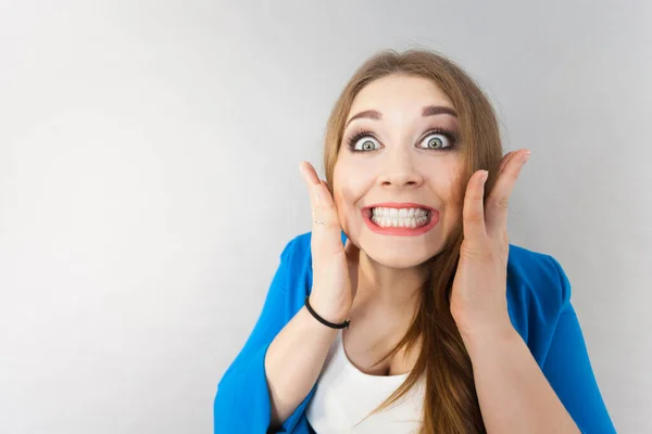 Close Funny Woman Expression Female Lady Being Surprised Shocked Having — Stock Photo, Image