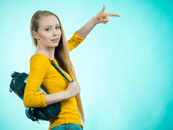 Happy Young Blonde Teenage Girl Going School College Wearing Backpack — Stock Photo, Image