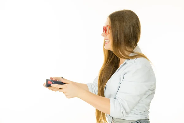 Joven Mujer Emocional Adulta Perfil Jugando Videoconsola Que Sostiene Almohadilla — Foto de Stock