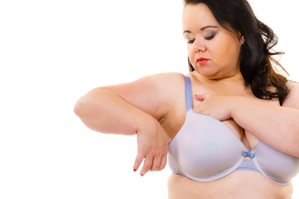 Size Dicke Reife Frau Trägt Auf Weiß Weibliche Brüste Dessous — Stockfoto