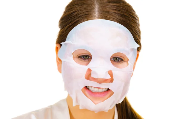 Woman Applying Sheet Mask Her Face White Girl Taking Care — Stock Photo, Image