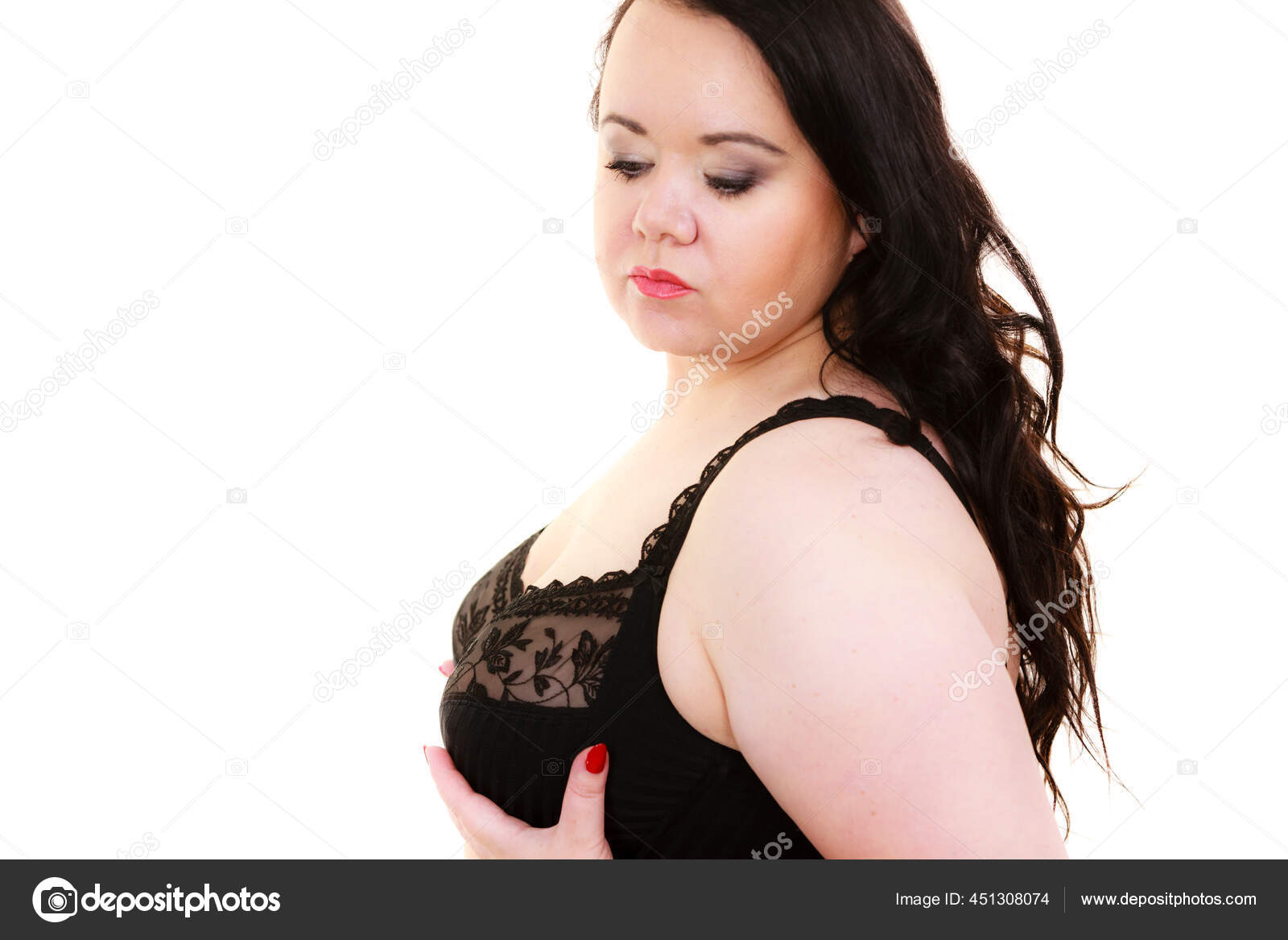 Plus Size Fat Mature Woman Wearing Black Lace Bra Showing Her Big Chest  Breasts, On White. Bosom, Brafitting And Underwear Concept. Stock Photo,  Picture and Royalty Free Image. Image 131398317.