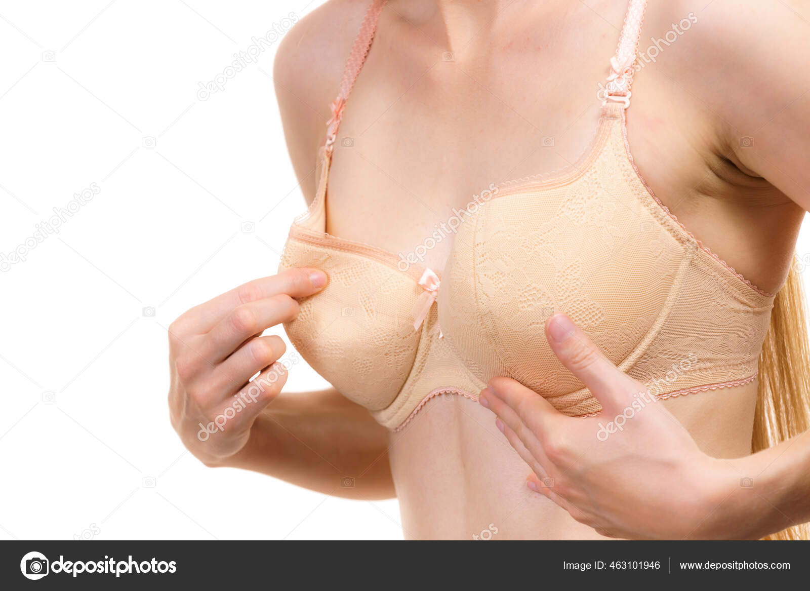 Slim Young Woman Small Boobs Wearing Too Big Bra Cup Stock Photo