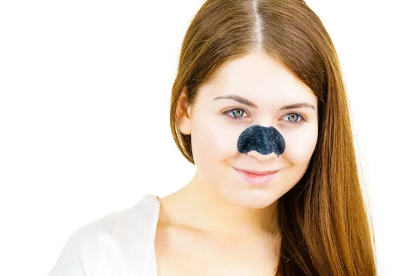 Woman Appying Clear Strips Nose Using Pore Cleansing Textile Mask — Stock Photo, Image