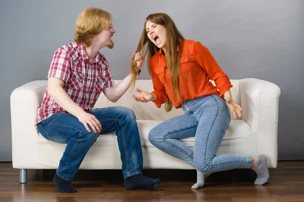 Teen Brother Sister Having Horrible Fight Man Pulling Woman Hair — Stock Photo, Image