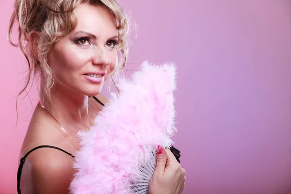 Woman Beauty Mid Age Female Holding Carnival Feather Pink Fan — Stock Photo, Image