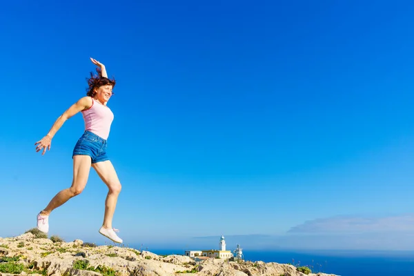 Woman Enjoying Trip Motor Home Jumping Air Camper Mesa Roldan — Stock Photo, Image