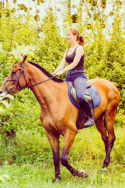 Animal Concepto Equitación Mujer Joven Montándose Caballo Través Del Jardín —  Fotos de Stock