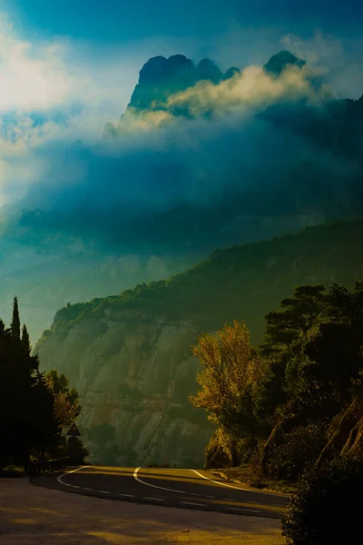 Asphalt Road Winding Mountains Montserrat Misty Morning Landscape Catalonia Spain — Stock Photo, Image
