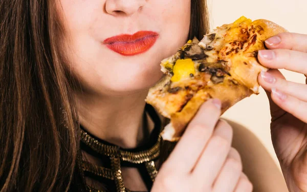 Young Woman Eating Hot Fresh Pizza Slice Delicious Fast Food — Stock Photo, Image