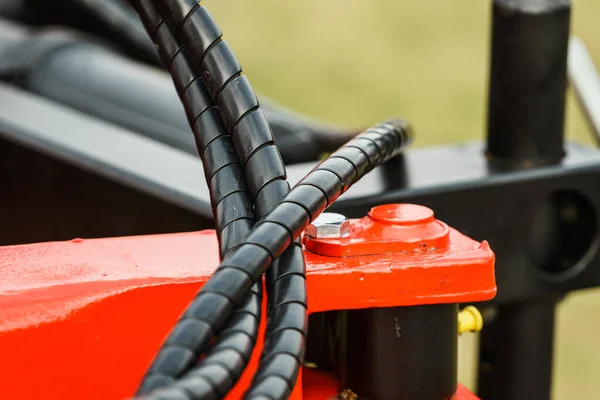 Hydrauliska Anslutningar Slangar Svart Spiral Vakt Wraps Industriell Detaljrikedom För — Stockfoto