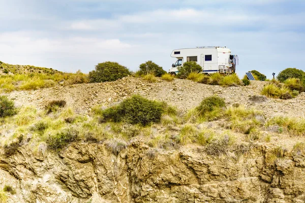 Camper Car Camping Cliff Cala Mochuela Spanish Landscape Almeria Coast — Stock Photo, Image