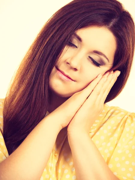 Sleepy Tired Woman Falling Asleep Being Exhausted Female Gesturing Hands — Stock Photo, Image