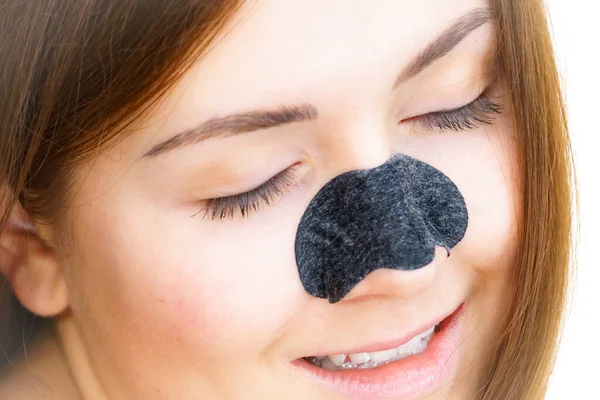 Woman Charcoal Strip Nose Remover Mask Blackheads Cleaning Girl Taking — Stock Photo, Image