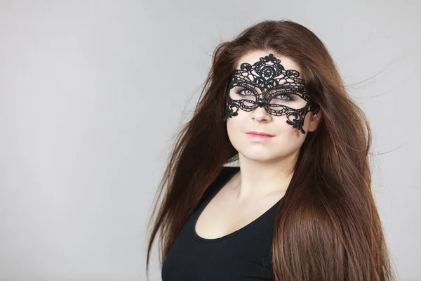 Happy Pretty Mysterious Woman Wearing Black Eye Lace Mask Having — Stock Photo, Image