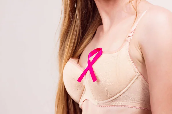 Woman Wih Pink Ribbon Chest Female Wearing Bra Showing Symbol — Stock Photo, Image