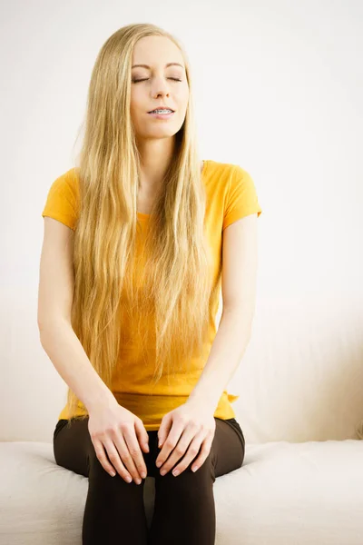 Happy Woman Long Blonde Hair Sitting Relaxing Closed Eyes Meditate — Stock Photo, Image