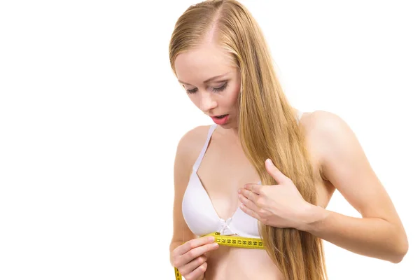 Young Slim Woman Wearing Bra Measure Tape Measuring Her Chest — Stock Photo, Image
