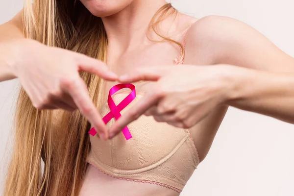 Woman Pink Ribbon Chest Making Heart Shape Her Hands Breast — Stock Photo, Image