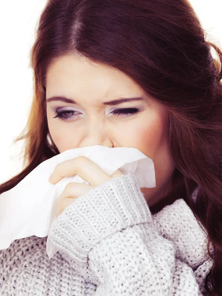 Sick Freezing Woman Sneezing Tissue Girl Wearing Warm Sweater Being — Stock Photo, Image