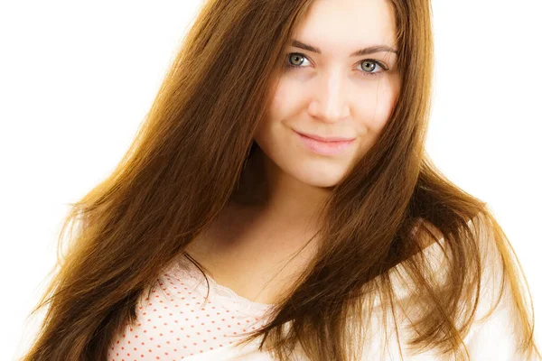 Mujer Joven Cabello Castaño Largo Sin Maquillaje Belleza Natural Tratamiento —  Fotos de Stock