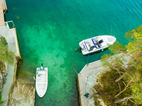 Aerial Top View Norwegian Country House Hytte Motorboats Water Fjord — Stock Photo, Image