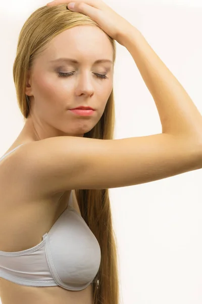 Young Long Hair Blonde Woman Small Boobs Wearing Bra Female — Stock Photo, Image