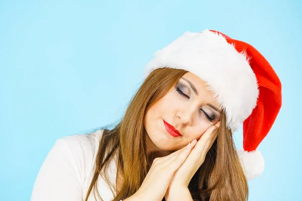 Tired Woman Wearing Santa Hat Gesturing Sleep Gesutre Her Hands — Stock Photo, Image