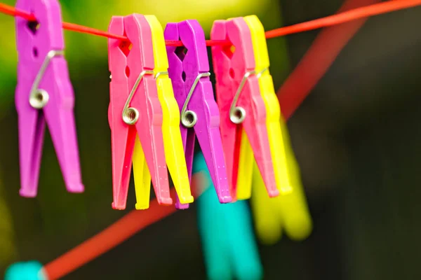 Clips Washing Laundry Clothes Pegs String Rope Outdoor Housework Concept — Stock Photo, Image