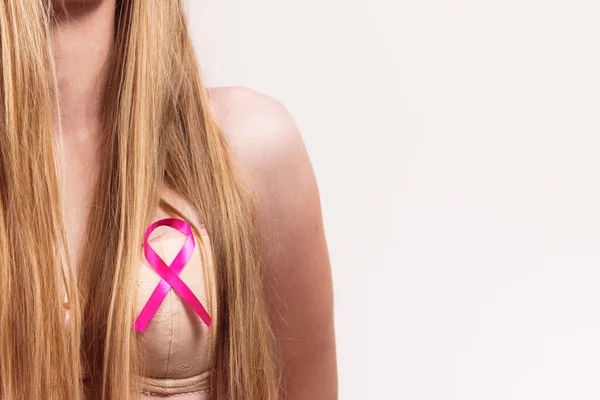 Woman Wih Pink Ribbon Chest Treatment Prevention Breast Cancer — Stock Photo, Image