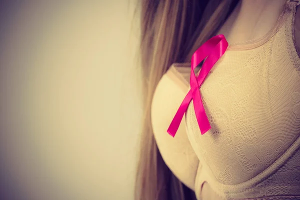 Woman Wih Pink Ribbon Chest Female Wearing Bra Showing Breast — Stock Photo, Image