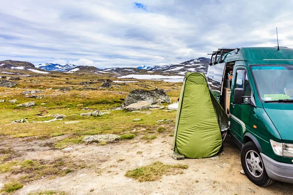 Carro Autocaravana Tienda Baño Ducha Portátil Naturaleza Noruega Turismo Camping —  Fotos de Stock