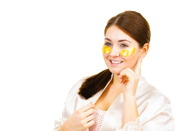 Woman Applying Golden Collagen Patches Eyes White Mask Removing Wrinkles — Stock Photo, Image