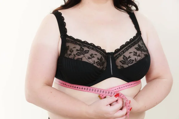 Size Fat Mature Woman Wearing Bra Measure Tape Measuring Her — Stock Photo, Image