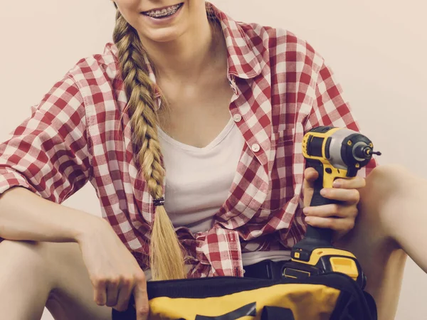 Femme Avec Sac Plein Outils Pour Son Travail Maison Une — Photo