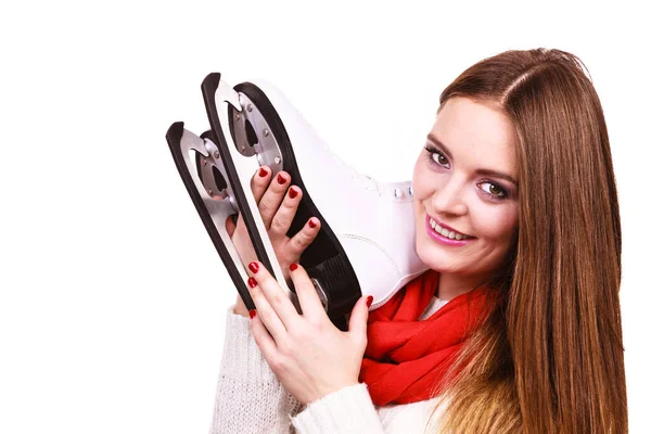 Mujer Con Patines Hielo Preparándose Para Patinar Sobre Hielo Actividad — Foto de Stock