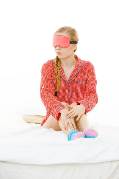 Sleep Bedroom Accessories Concept Sleepy Woman Wearing Pink Eye Band — Stock Photo, Image