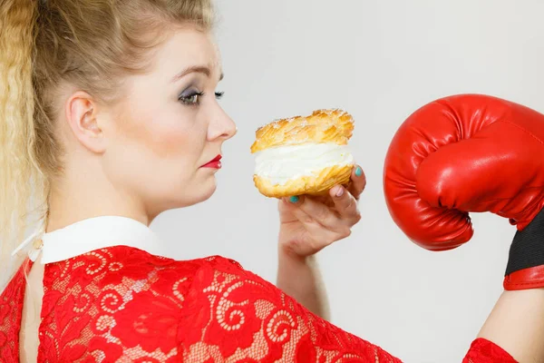 Woman Fighting Her Bad Habits Being Diet Female Wearing Boxing — Stock Photo, Image