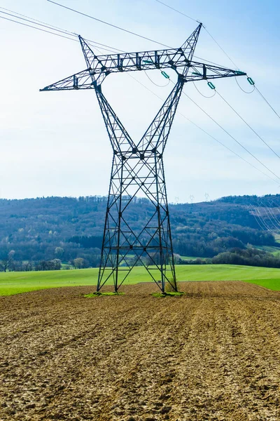 Electricity Transmission Pylon Power Line Voltage Tower Post Spring Agricultural — Stock Photo, Image