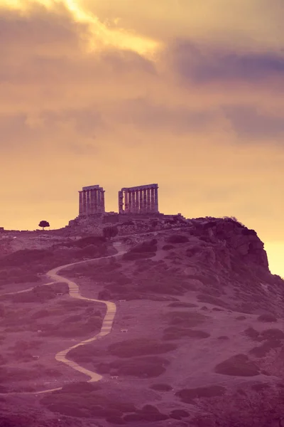 Grecja Cape Sounion Ruiny Starożytnej Świątyni Posejdona Wschodzie Słońca Rano — Zdjęcie stockowe