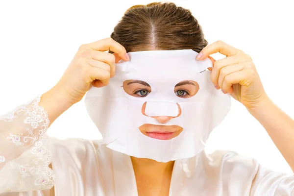 Woman Applying Sheet Mask Her Face White Girl Taking Care — Stock Photo, Image