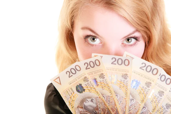 Mujer de negocios sosteniendo moneda polaca billete de dinero. —  Fotos de Stock