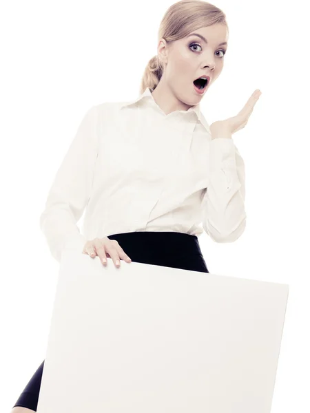 Ad. Businesswoman holding blank copy space banner — Stock Photo, Image