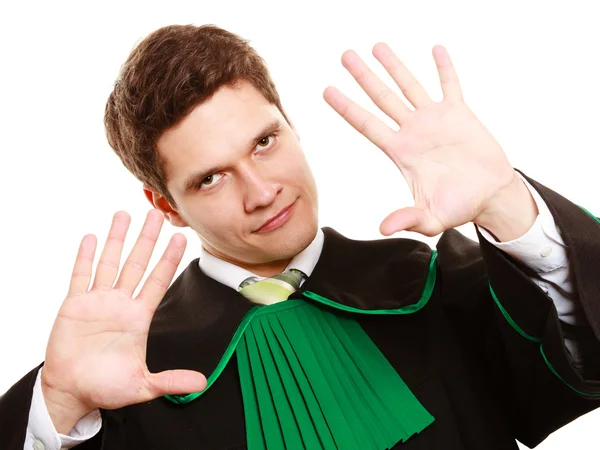Ley. Hombre abogado en vestido polaco mostrando señal de stop hand —  Fotos de Stock
