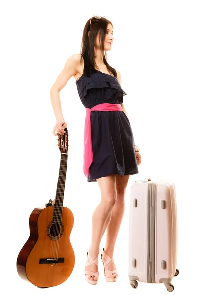 Music lover, summer girl with guitar and suitcase — Stock Photo, Image