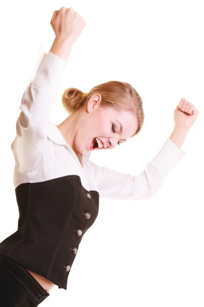 El éxito en el trabajo. Empresaria celebrando promoción — Foto de Stock