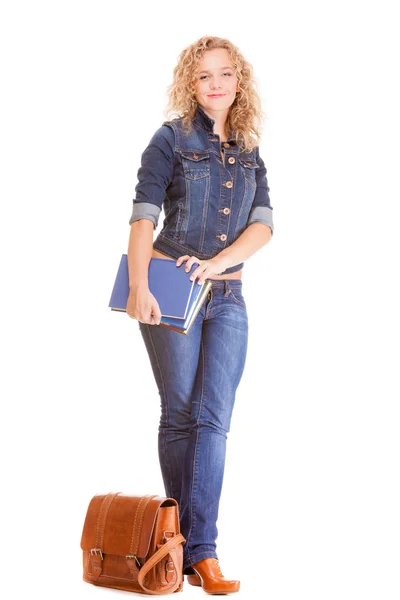 Denim fashion. Full length student girl in blue jeans bag books — Stock Photo, Image