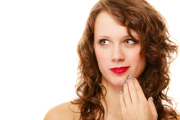 Portrait pretty thoughtful woman curly hair isolated — Stock Photo, Image