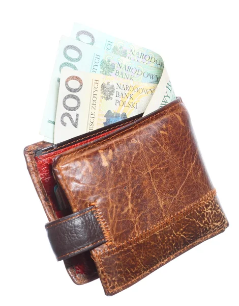 Economie en financiën. Portemonnee met geïsoleerd polijstbankbiljet — Stockfoto