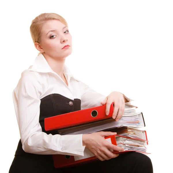 Zakelijke vrouw houden stapel van mappen documenten — Stockfoto